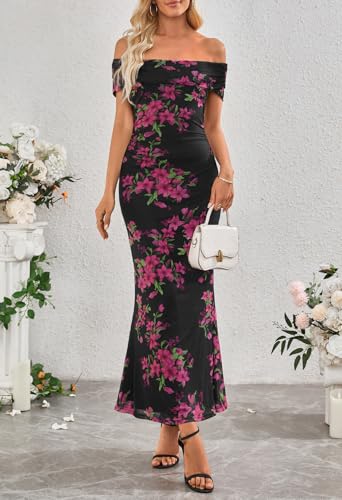 MEROKEETY Women's Summer Off Shoulder Floral Maxi Dress 2025 Formal Wedding Guest Cocktail Bodycon Dresses2