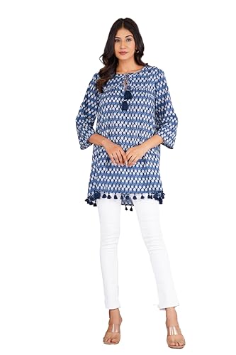 Tunique fait main en coton bleu de qualité supérieure ornée de pompons fins