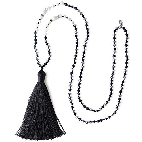 KELITCH New Women Tassel Pearl Necklace Crystal Beads Necklace Bib Shining Y-Shape Necklace 2020 (Gun Black)