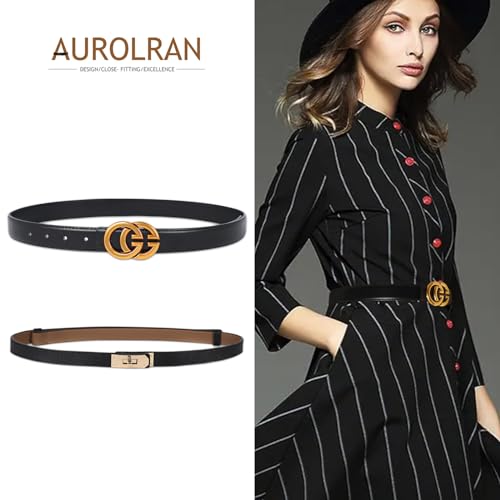 Image of Women's Fashion Classic Metal Buckle Leather Belt with Jeans Dress