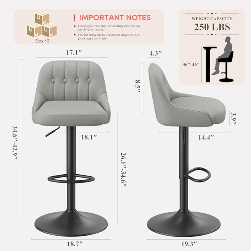 Image of MALOL Bar Stools Set of 6, Swivel Bar Chairs, Modern Adjustable PU Leather Upholstered Barstools Counter Height with Tufted Back for Bar, Kitchen Counter Island, Dining Room, Grey