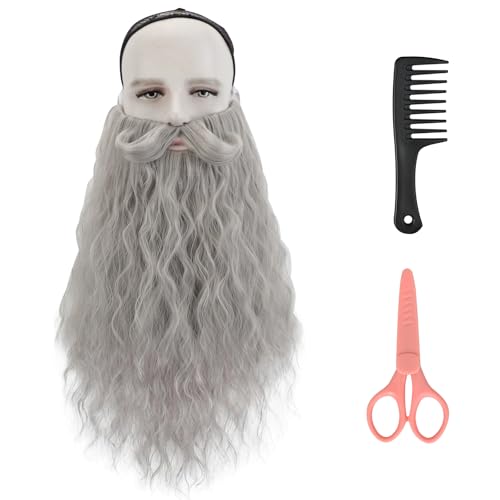 Krfapt Fake Beard Long Curly Grey for Wizard Costume, Gandalf Dumbledore Cosplay with Handlebar Mustache - Realistic Gray Beard Costume Facial Hair for Adults with Comb & Scissors (Grey)