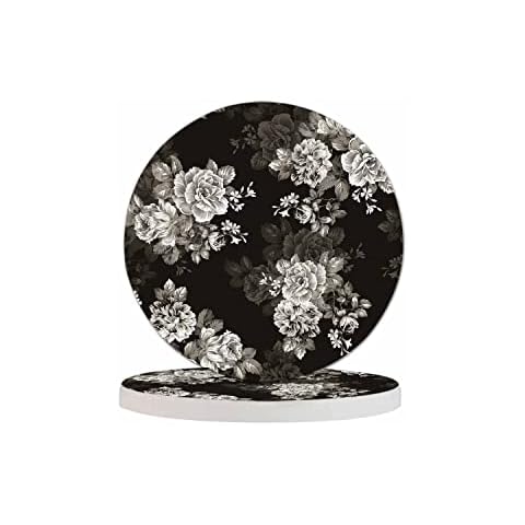 Pznen Watercolor Black Flowers Cup Coasters Set of 2 Elegance Botanical Flower Pattern Grey Rose Bouquet Wooden Table Apartment Decor 100% Diatomite for Drinking Glasses,4 Inches Cover