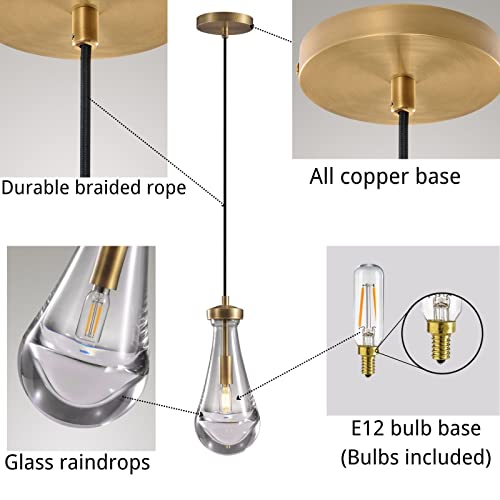 Pendant Lights Kitchen Island Set Of 3, Hanging Pendant Light With Handcrafted Art Raindrop Glass Shade, Dining Room Light Fixture Chandeliers For Entryway Foyer Reception Desk (Led Bulb Included) #TOP4