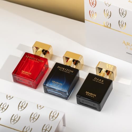 Image of Arabian Aroma Luxury Unisex Perfume Gift Set | Exotic Long Lasting Perfume for Men & Women | Eau De Parfum | Perfume Set for Couple Gift Pack | Seduction, Horizon & Dark (30ml)