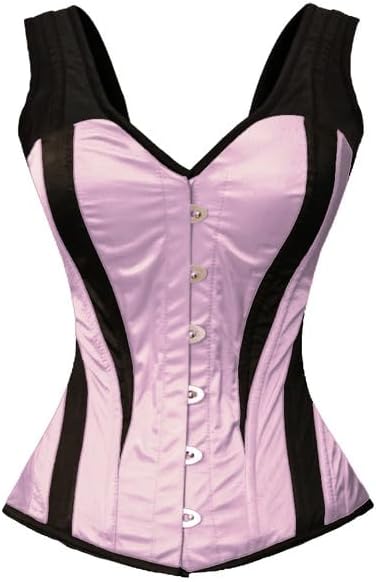 Women’s Baby Pink And Black Satin Overbust Corset With Shoulder Straps Gothic Halloween Costume Top