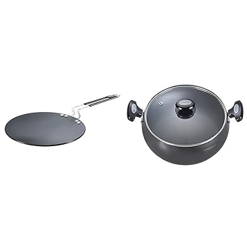 Prestige Aluminium Hard Anodised Plus Cookware Induction Base Roti Tawa, 225mm, Black and Hard Anodised Cookware Lifetime Induction Base Sauce Pan, 200mm, Black