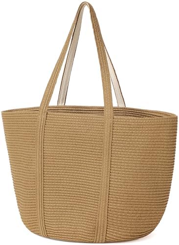 Loiyadn Straw Bag, Beach Bag Straw Beach Bags for Women Foldable Packable Beach Tote Lightweight Shoulder Handbags - Khaki,Medium