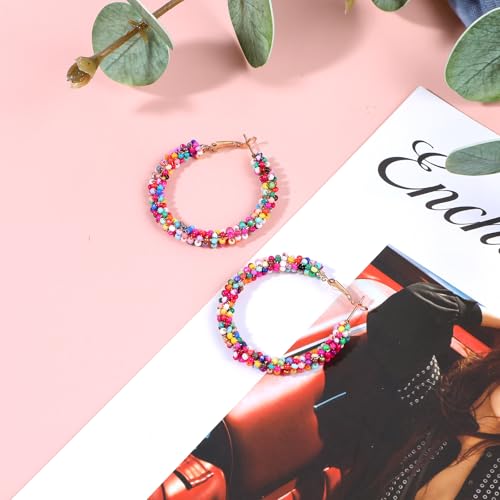 Boho Flower Hoop Earrings, Boho Beaded Earrings for Women Colorful Earrings Daisy Hoop Earrings Floral Hoop Earrings3