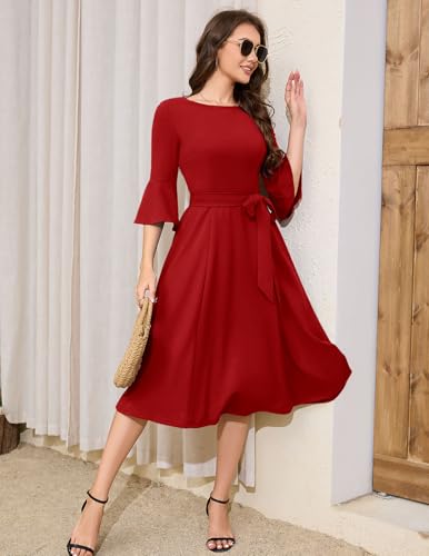 Image of HomRain Women's Church Dresses Modest Bell Sleeve Wedding Guest Cocktail Tea Party Vintage Evening Dress