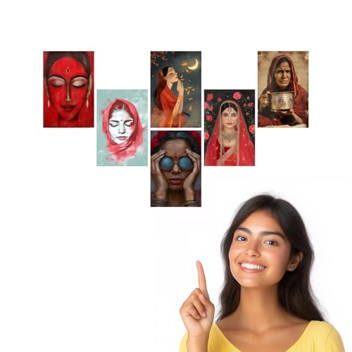 Image of SiddArtify Red and Teal Indian Women Art Print Set - Set of 2-4x6 Inch - Board (Pack of 6) - Sticker (Pack of 6) Wall Room Decoration art Poster Prints