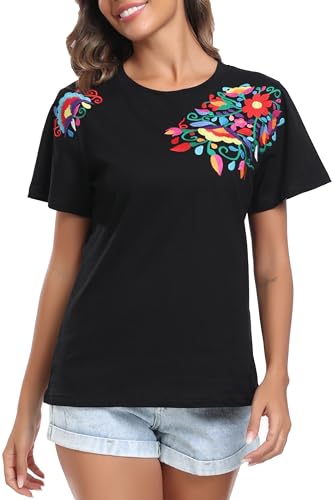 Women's Mexican Shirts Embroidered Tops Floral Tunic Summer T Shirt Short Sleeve Top Cotton Peasant Blouse3