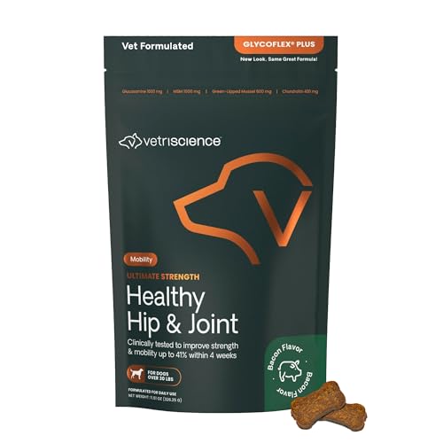 VetriScience GlycoFlex Ultimate Strength Healthy Hip & Joint Glucosamine Supplements for Dogs, with MSM, Chondroitin & Green-Lipped Mussel, Soft Chews, Bacon, 120 Count - New Look