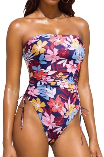 Image of Yonique Women Strapless One Piece Swimsuit Tummy Control Bandeau Bathing Suit Cheeky Swimwear