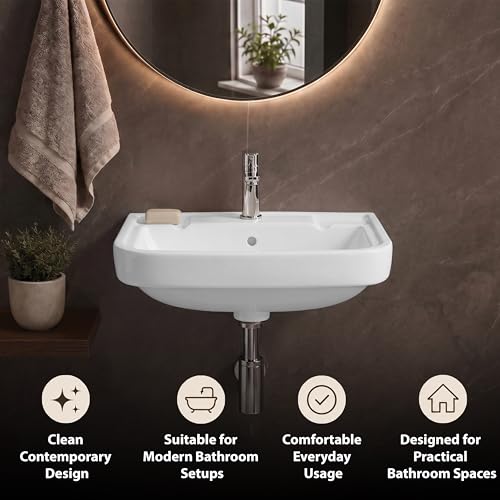Image of WASSMIST Wash Basin | Wall Hung Wash Basin for Bathroom with 10 Year Glaze Warranty | Premium Ceramic Compact Basin with Tap Hole (15.7 X 14 X 6.1 Inch)