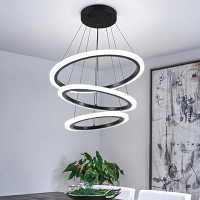 O'NEELDY Modern 3 Ring LED 52W Black Pendant Light with Irregular Ring Lights Adjustable Hanging Lamp for Dining Room Bedroom Kitchen Island Cafe