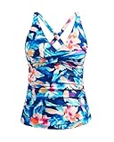 Yonique Tummy Control Tankini Top Only V Neck Swim Top Twist Front Bathing Suit Top No Bottom Blue Flower M