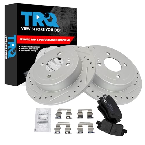 Image of TRQ Performance Rear Brake Pad and Rotor Set Ceramic Drilled Slotted Coated Rotors Compatible with 2012-2017 Hyundai Accent 2012-2017 Kia Rio
