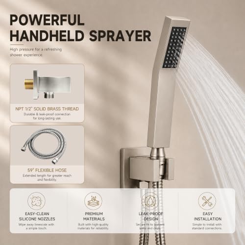 Shower System with Tub Spout, All Metal Bathtub Shower Faucet Set with High Pressure 10 Inch Rain Shower Head and Handheld Shower Head Set, Brushed Nickel (Valve Include) by RF SUNUAN - Used condition - Image 5