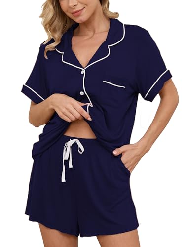 Image of Womens Pajama Sets Short Sleeve Sleepwear Soft Button Down Nightwear Lounge Pj Set XS-XXL