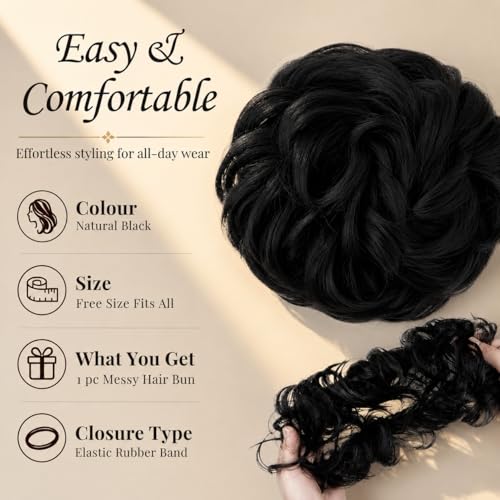Image of TEMPERIA Hair Accessories For Women Stylish - Juda Hair Buns - Messy Bun Hair Extension - Artificial Fake Donuts Maker Scrunchies - With Elastic Rubber band - Black - 1 Pc - (25GR)