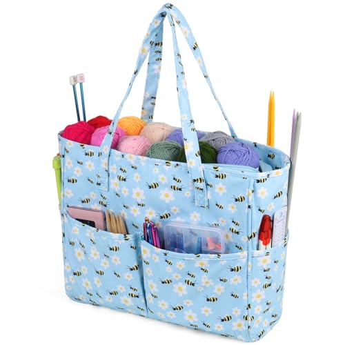 Aeelike Knitting Bag Blue Bee Large Knitting Tote Bag Portable Crochet and Knitting Project Travel Bag Yarn Storage Bag Knitting Wool Bag Holder Craft Bags with Compartments for Women Gifts