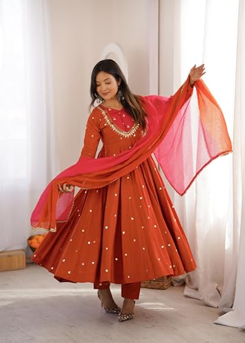 Image of Women Elegant Embroidered Sequence Anarkali Three Piece Set with Real Mirror Designer Work | Women's Premium Flared Ethnic Suit Set with Kurta, Bottom & Dupatta Orange