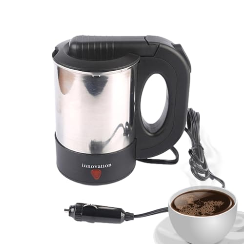 Hervidor eléctrico de viaje – Hervidor eléctrico para coche, camión | Hervidor de agua caliente pequeño de acero inoxidable, taza de café de acero inoxidable para camión, botella de agua calentada