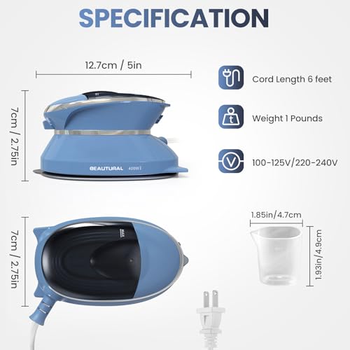 BEAUTURAL Mini Travel Steam Iron for Clothes with Dual Voltage, Non-Stick Soleplate, One Temperature Technology, Detachable Water Tank, Ideal for Sewing, Quilting and Handcraft - Image 3