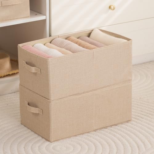Image of HOKIPO Fabric Wardrobe Organizer Clothes Storage Boxes | Storage Bins for Wardrobe Fabric Organizers with Handle, Large, Pack of 2 - Beige (AR-6685-BGE*2)
