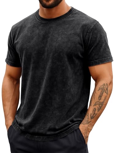 Runcati Mens Short Sleeve T-Shirts 100% Cotton Crew Neck Casual Shirt Vintage Acid Wash Summer Fashion Tees Black