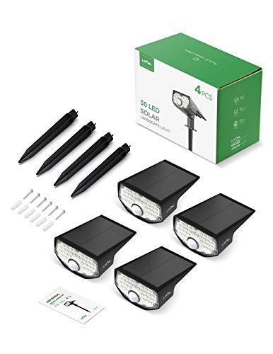 LITOM 30 LEDs Solar Motion Sensor Landscape Spotlights, IP67 Waterproof Outdoor Solar Powered Security Wall Light 3 Modes Solar Landscaping Lighting for Yard Garden Garage Pool Patio 4 Pack Cold White