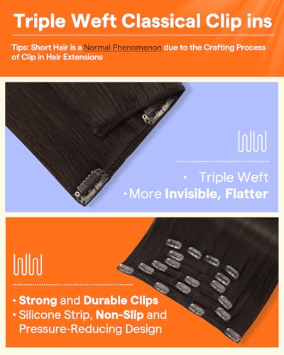 Image of Full Shine Brown Human Hair Clip in Extensions, Dark Brown | Clip in Hair Extensions Real Human Hair, Brunette Hair Extensions for Women, Straight, Smooth Blend, 14 Inch 7 Pcs 120g