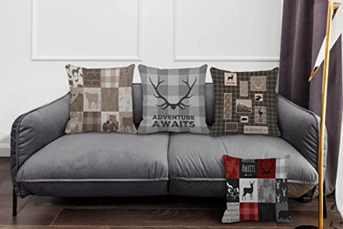 Camping Themed 18″×18″Set Of 4 Adventure Awaits Farm Animals Cow Wild Animals Deer Bear Checkered Art Throw Pillow Case,Home Bedroom Living Room Girl Room Sofa Couch Bed Decor,Gifts For Campers #TOP1