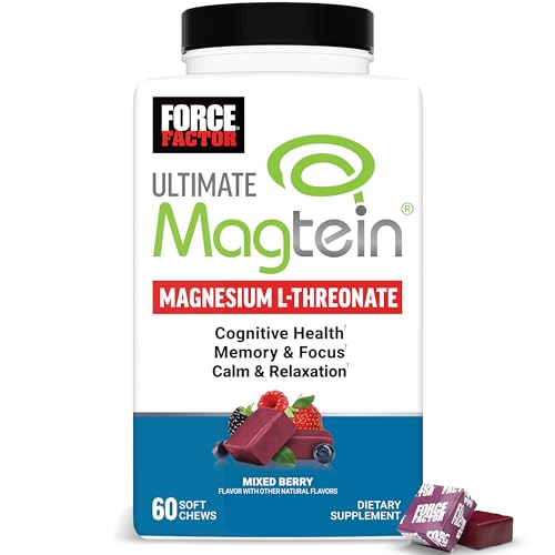 Force Factor Ultimate Magtein Magnesium L-Threonate 2000mg Support Cognitive Function Focus Memory & Relaxation Magnesium Threonate Mixed Berry 60 Soft Chews
