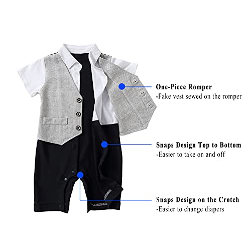 Hosukko Baby Boy Suit, One-Piece Romper & Beret & Bow Tie,Infant Boys Tuxedo Outfits Sets For Dress Up (Short Sleeve, 0-24 Months),Black,12-18M #TOP4