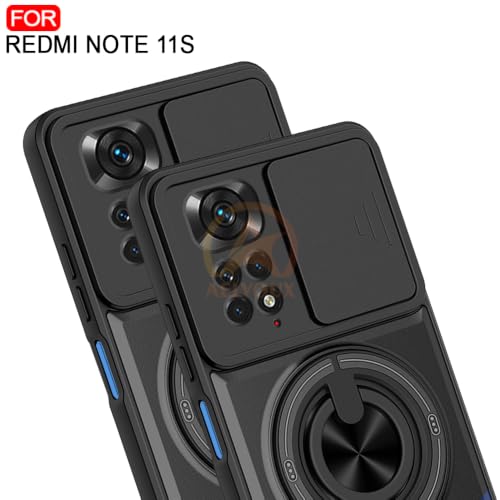 Image of Redmi Note 11 / 11s 4G Back Cover | Armor Camera Slider 360 Degree Rotating Finger Ring Holder Case with Bracket Stand Back Case Cover (Compatible with MagSafe Accessories) (Black)