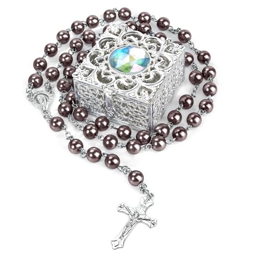 Coffee Pearl-Style Rosary Necklace with Metal Gift Box, 8mm, 22 Inch