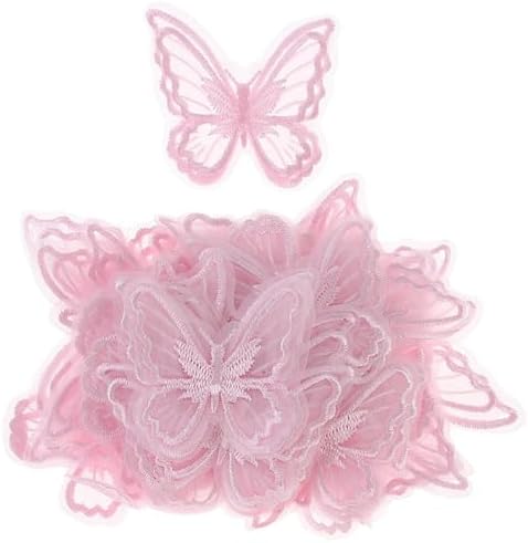 Uniquer 40Pcs Pink Double-Layer Butterfly Shape Embroidery Applique,Butterfly Design Lace Clothing Hair Ornament Wedding Dress Daily Clothing Patch Applique