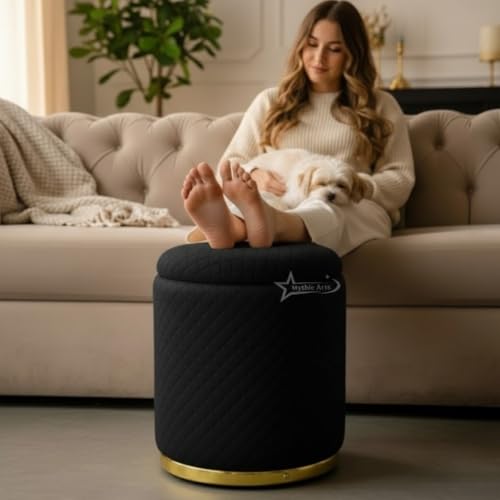 Image of Premium Round Storage Ottoman Stool 16 X 16X 19 inch, with Gold Metal Base | Luxury Pouffe with Hidden Storage | Cushioned Footrest for Living Room, Bedroom & Lounge Black