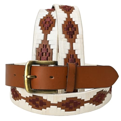 Western Brown Full Grain Genuine Leather Men & Women Belt Embroidered White & Brown with Removable Buckle