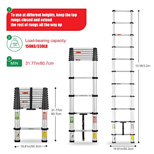 Bivatia 10.5 Ft Smartsafe Aluminum Telescoping Ladder: Telescopic Extension Ladder Retraction Collapsible Ladder Portable Folding Lightweight Ladder Type 1A With 14 Ft. Max Reach #TOP1