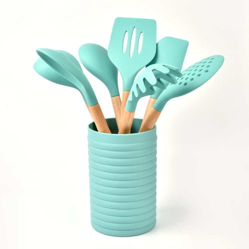 Silicone Kitchenware 8 Pieces Set, Wooden Handle Shovel Spoon Soup Spoon Dense Storage Bucket Baking Barbecue Kitchenware Set (Blue)