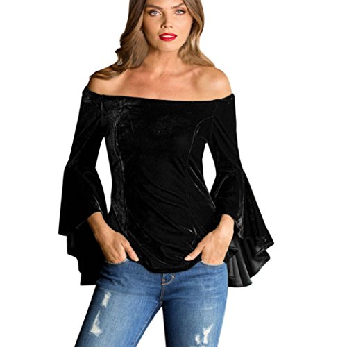 haoricu Women Blouse, Clearance!Women Velvet Off Shoulder Blouse Long Sleeve Ladies T Shirt Loose Casual Work Tops (L, Black)