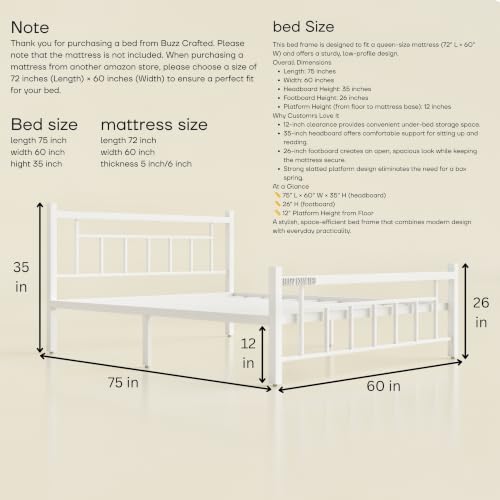 Image of Queen Size Metal Bed Frame | Queen Metal Bed | QueenSize Iron Bed | Queen Steel Bed | Heavy Duty Platform Bed | Double Bed Cot | Steel Slats | Metal Cot | No Box Spring Needed | Bedroom Furniture