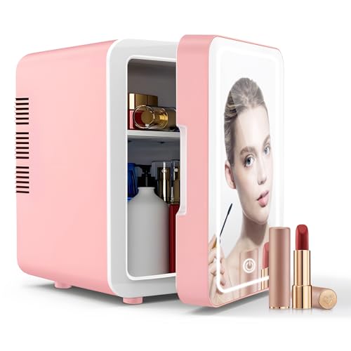 Mini Fridge for Bedroom, Skincare Fridge With Dimmable LED Light Mirror,4L Makeup Mini Fridge,Cooler & Warmer,Compact Small Refrigerator,for Bedroom, Car,For Cosmetics, Skincare And Food,Pink