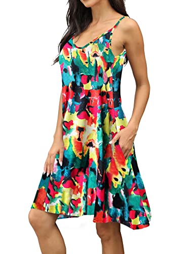 Image of Women's Summer Spaghetti Strap Casual Swing Tank Beach Cover Up Dress with Pockets