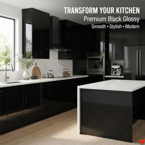 Image of WISDOM Black Glossy Self Adhesive Wallpaper for Kitchen Cabinets, Wardrobe, Furniture & Table Waterproof, Oil Resistant, Easy to Clean Peel and Stick Decorative Vinyl Contact Paper (20x120 in)