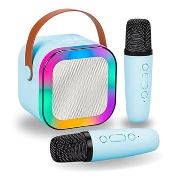 Karaoke Infantil Portátil com 2 Microfones Recarregável e Modos de Voz Divertidos - Diversão Musical para Crianças! (Azul)