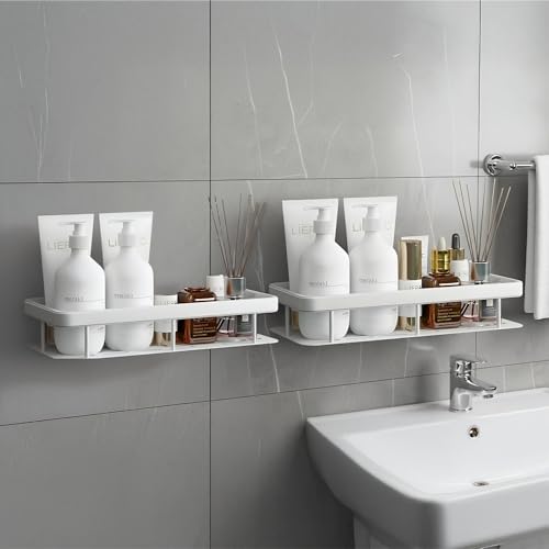 Image of amazon basics 2 Pack Self Adhesive Bathroom Shelf for Wall, Bathroom Organiser Without Drill, Rust Resistant Wall Mounted Bathroom Rack for Shampoo, Soap & Toiletries, Black